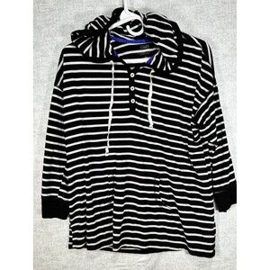 Chaps Ralph Lauren Hoodie Black Nautical Striped Top Shirt Women's Size Large
